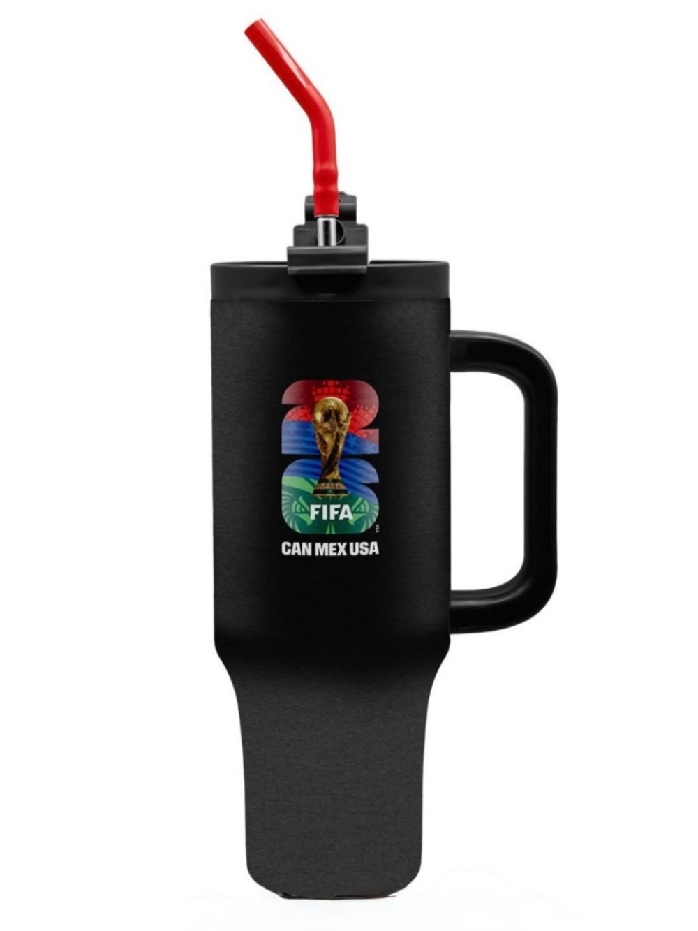 Black FIFA CAN MEX USA Insulated Travel Mug with Red Straw